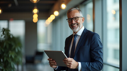 Portrait of a Happy 45-Year-Old Businessman Executive in Suit and Glasses Using Digital Tablet in Office - Professional Financial Project Concept with Empty Space