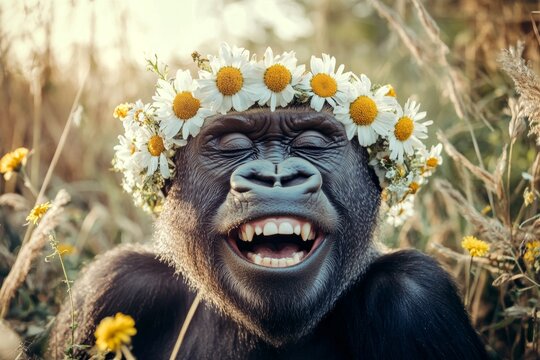 Golden sunrise. Summer happiness. Cute adult animal gorilla wearing savage flower wreath on its head. Animal enjoying summer serenity. Summer glow on a wild animal. Happy wildlife in a meadow.