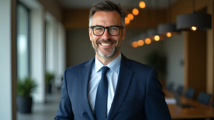 Fototapeta premium Elegant Business Portrait of a Confident CEO: Stylish Mature Executive in Glasses Posing in Office - Perfect for Stock Photos with Space for Text