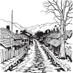 Continuous one black line art drawing village life vector design illustration.