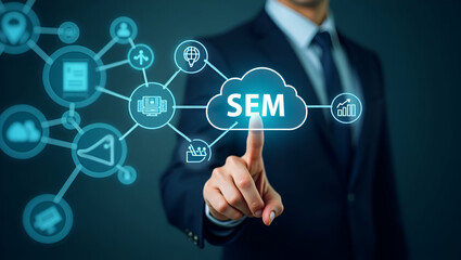 Flat Businessman Illustrates SEM Icons on Digital Interface: A Cute Vector Guide to Search Engine Marketing Strategies and Online Advertising Rankings