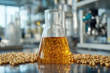 A close-up of a transparent beaker filled with golden soy oil, surrounded by fresh soybeans on a laboratory table.
