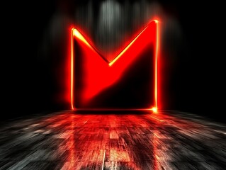 A glowing red letter M illuminates a darkened wooden floor