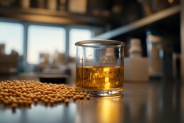 A close-up of a transparent beaker filled with golden soy oil, surrounded by fresh soybeans on a laboratory table.