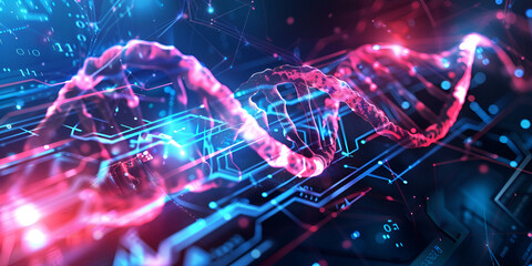 Futuristic 3D DNA Strand with Digital Circuit Background &ndash; Biotechnology & AI Concept