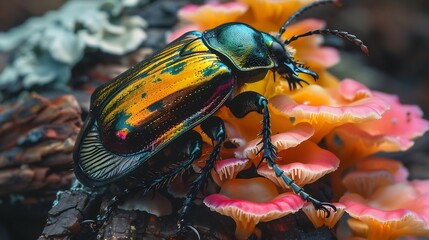 Beetle with iridescent wings resting on a damp log under faint bioluminescent fungi