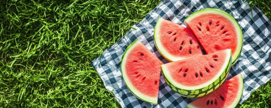 Fresh watermelon slices on a summer picnic blanket flat design top view sunny day theme cartoon drawing vivid