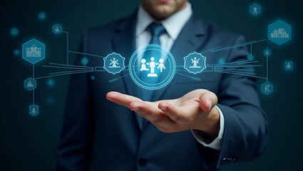 Flat Hand interacting with holographic business ethics device showing integrity accountability teamwork fair practices ethical standards icons in empty space concept as Hand engages with holographic b