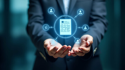 Hand Reviewing Holographic Audit Document with Regulation Evaluation and Quality Assurance Icons in Empty Space - Stock Photo Concept for Compliance and Quality Management