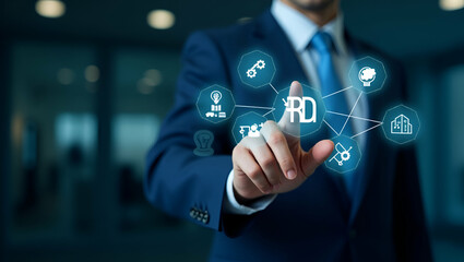 Businessman interacts with R&D icons on digital interface representing research and development innovation technology and human resources for strategic growth. concept as Businessman interacts with R&
