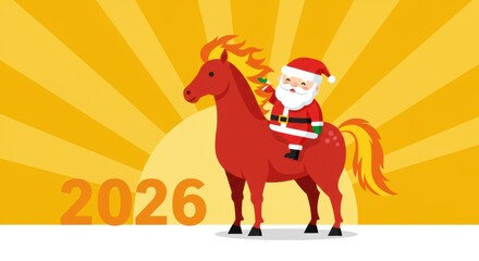 Fototapeta premium Santa claus riding a festive red horse for 2026 new year celebration