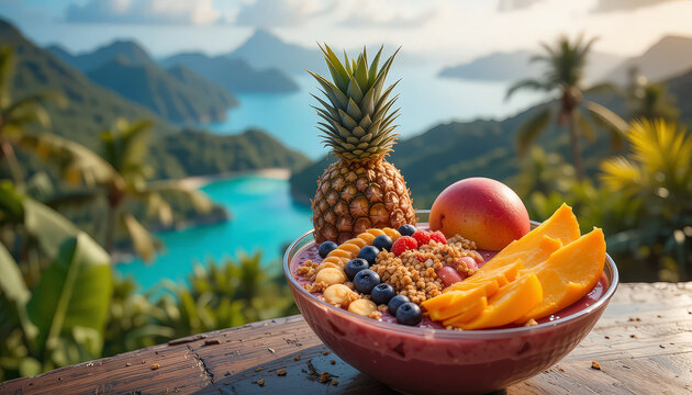 vibrant tropical smoothie bowl topped with fresh fruits like pineapple, mango, and berries sits on wooden table overlooking stunning island landscape with lush greenery and turquoise waters