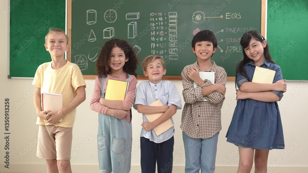 Poster multicultural elementary student in casual cloth looking at camera while standing at classroom. grou