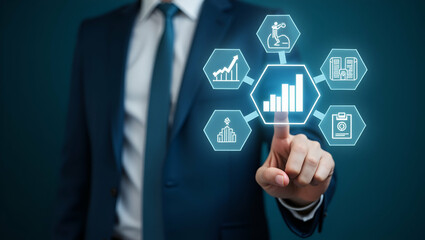 Flat Hand Pointing at Holographic SME Growth Icons: A Cute Vector Illustration of Business Success Strategies