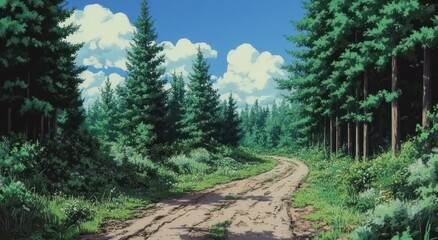 Obraz premium The winding dirt road passes through the lush green forest