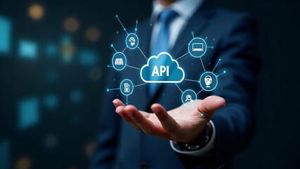 Flat Hand Engaging Holographic API Interface: Cloud Computing & Network Security Icons in Vector Art