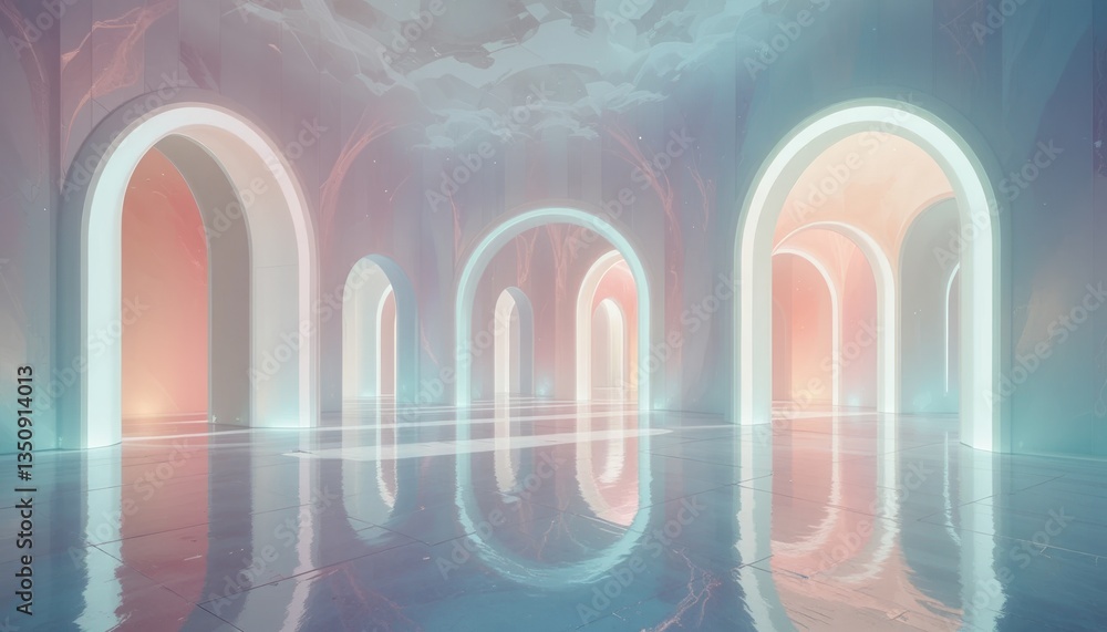 Aufkleber ethereal light reflections in an abstract architecture space digital art serene environment tranquil