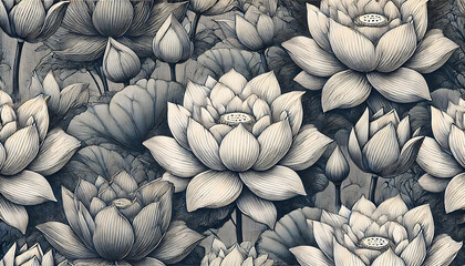 Elegant Hand-Drawn Floral Pattern – Intricate Lotus Flower Line Art Design