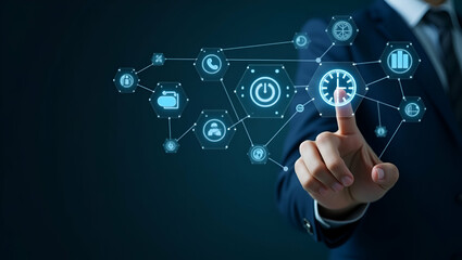 Flat Hand Engaging with Holographic Time Management Interface: A Cute Vector Illustration of Project Planning, Task Tracking, and Target Setting Technology