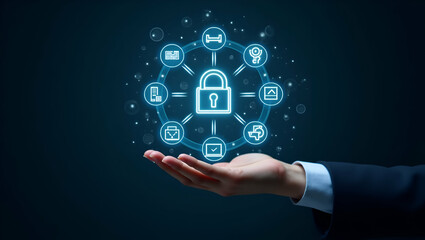 Fototapeta premium Flat Hand Holding Holographic Zero Trust Security Model: A Cute Vector Illustration of Cybersecurity Principles and Secure Network Access Icons in a Smart Business Tone