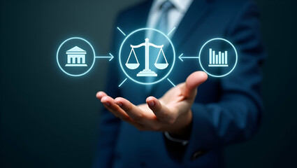 Hand Interacting with Holographic Law Interface: Exploring Justice, Legal Services, and Business Legislation in a Futuristic Concept with Empty Space for Online Legal Advice