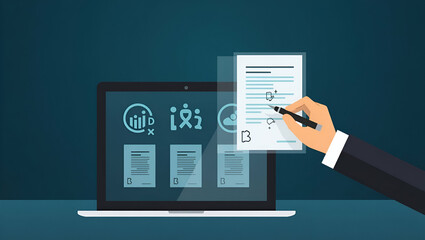 Flat Hand Signing Holographic E-Document: Employee Evaluation Form on Laptop with HR Icons for Recruitment and Job Assessment - A Smart Business Illustration
