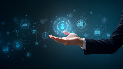 Hand Using Holographic Risk Management Tools for Profit and Loss Analysis in Empty Space Background