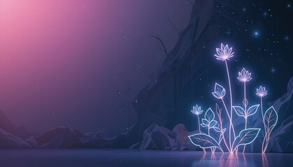 Illuminated lotus flowers blooming in a mystical landscape at night digital art ethereal atmosphere tranquil reflection