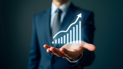 Showcasing Holographic Investment Growth Stocks: A Hand Illustrates Stock Market Potential in Minimalist Space