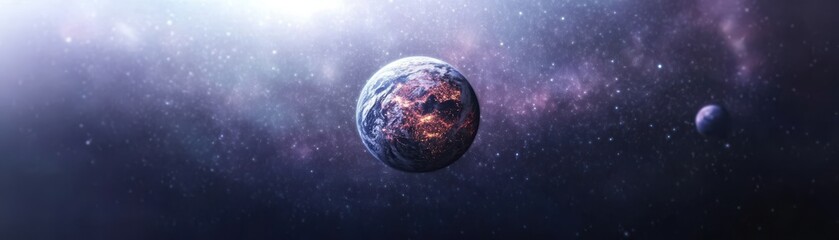 A stunning digital depiction of a cosmic scene featuring planets surrounded by stars and nebulous space, evoking a sense of wonder and exploration.