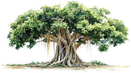 Lush banyan tree against white background. Stock photo of a tropical tree