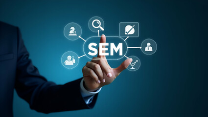 Flat Businessman points to SEM icons on digital interface representing search engine marketing SEO strategies and online advertising rankings. concept as Businessman points to SEM icons on digital int