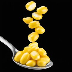 Fototapeta premium Yellow Corn Kernels Spilling from Silver Spoon on Black Background with Stainless Steel Shiny Finish Vibrant Energy Concept
