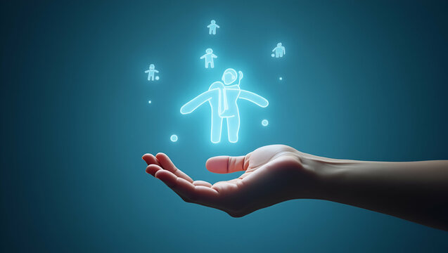 Flat Hand Showcasing Holographic Growth Hormone Treatment Symbol: A Minimalist Vector Illustration for Smart Business Context in Health and Wellness