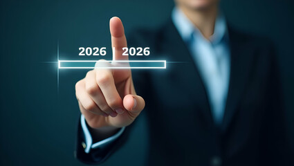 Obraz premium Empowering Businesswomen: Pressing the Digital Loading Bar for Strategic Planning and Future Readiness in 2026 - Stock Photo Concept with Space for Customization