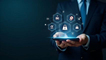 Hand holding holographic scam alert device with fraud phishing malware icons representing online threats and data protection in empty space concept as Hand holds holographic scam alert device displayi