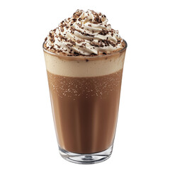 Frosted coffee drink topped with whipped cream and chocolate sprinkles in a clear glass. isolated on white background and transparent background
