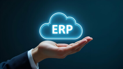 Flat Hand Presenting Holographic ERP Integration Accessibility Icon: A Minimalist Vector Illustration Showcasing Cloud-Based ERP Solutions for Smart Business Efficiency