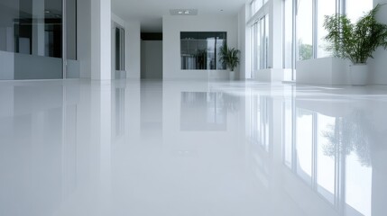 Modern office interior with polished, white epoxy floor.  Spacious and bright hallway