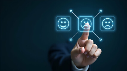 Hand interacting with holographic customer satisfaction survey interface showing happy neutral sad face icons in empty space concept as Hand interacts with holographic customer satisfaction survey int