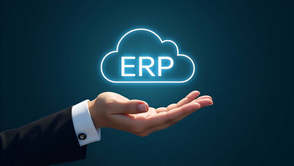 Flat Hand Holding Holographic Cost Effectiveness Icon: Illustrating ERP Software Cost Efficiency in a Cloud-Based Environment - A Simple Vector Illustration for Smart Business