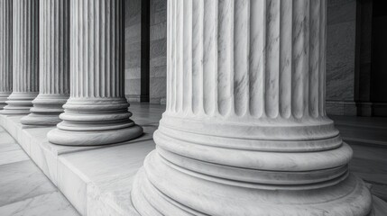 Classical columns, architectural detail, ornate pillars, detail, light and shadow, marble, building exterior, grandeur, legal structure