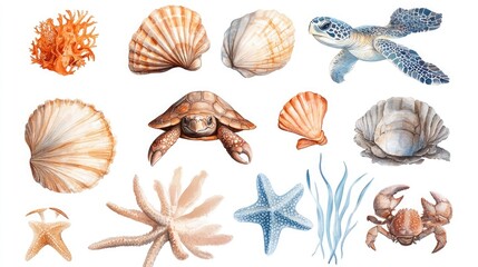 Obraz premium Watercolor painting of various seashells, starfish, sea turtle, and crab. A beautiful collection of ocean wildlife.