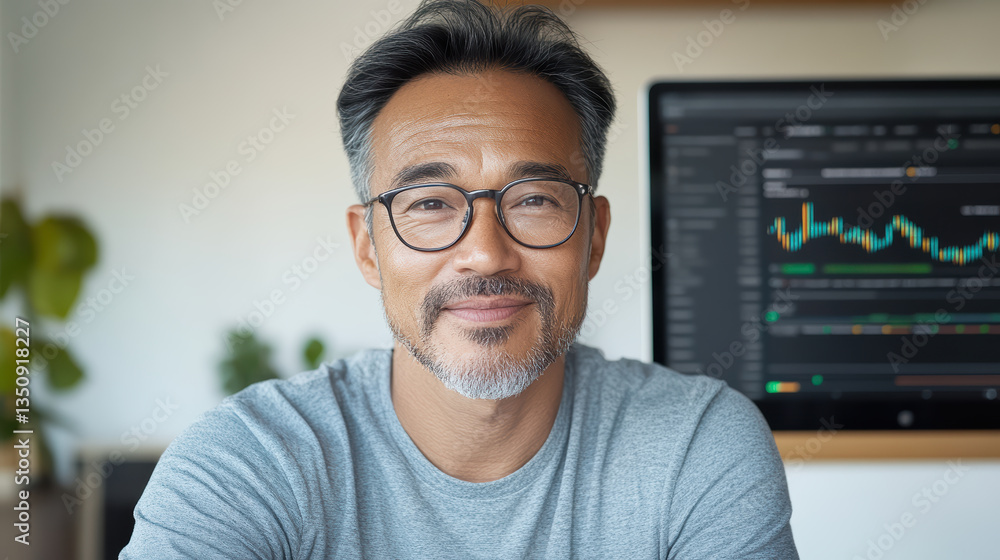 Poster confident business professional smiling while working with ai powered assistant in modern office