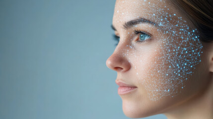 Digital face with network connections representing AI technology and data analysis