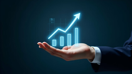 Flat Hand Showcasing Holographic Business Insight Strategy for Scalability in Minimalist Design