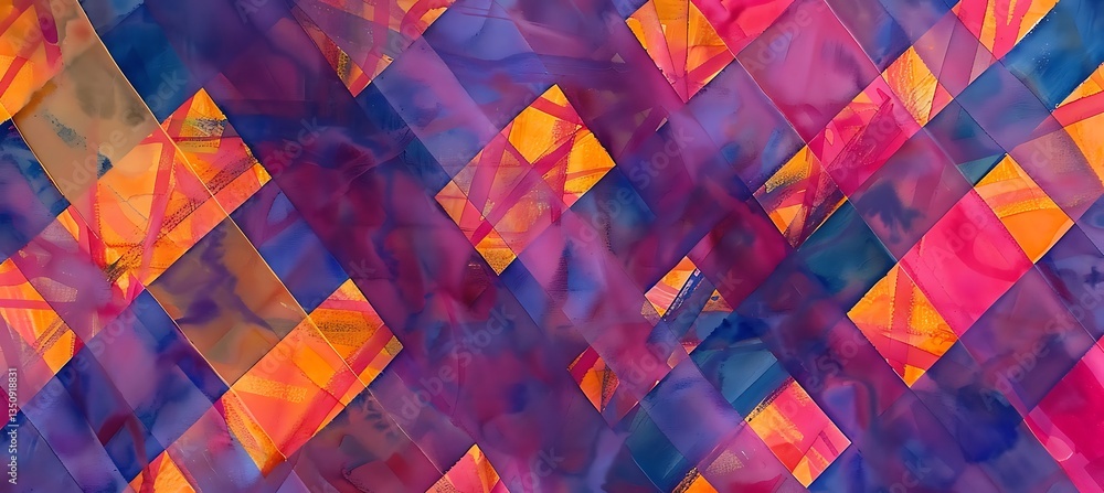 Poster backdrop with diagonal geometric shapes in purple and orange tones blending together – empty templat