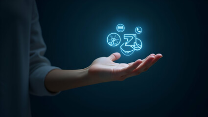 Fototapeta premium Flat Hand Holding Holographic Chatbot AI Interface: A Smart Business Solution for Enhanced Customer Support with Communication Assistance Icons in a Minimalist Design
