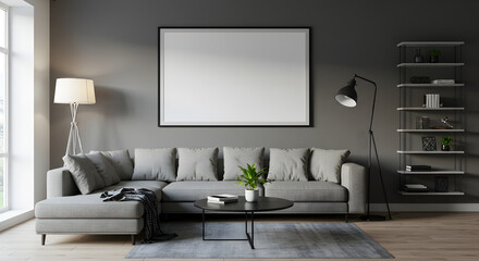 Frame mockup, ISO A paper size. Living room wall poster mockup. Interior mockup with house background. Modern interior design.