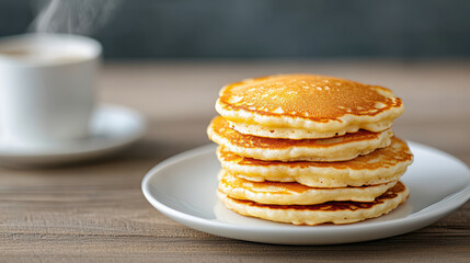 Fluffy pancakes stacked plate, accompanied by warm cup of coffee, create cozy breakfast scene